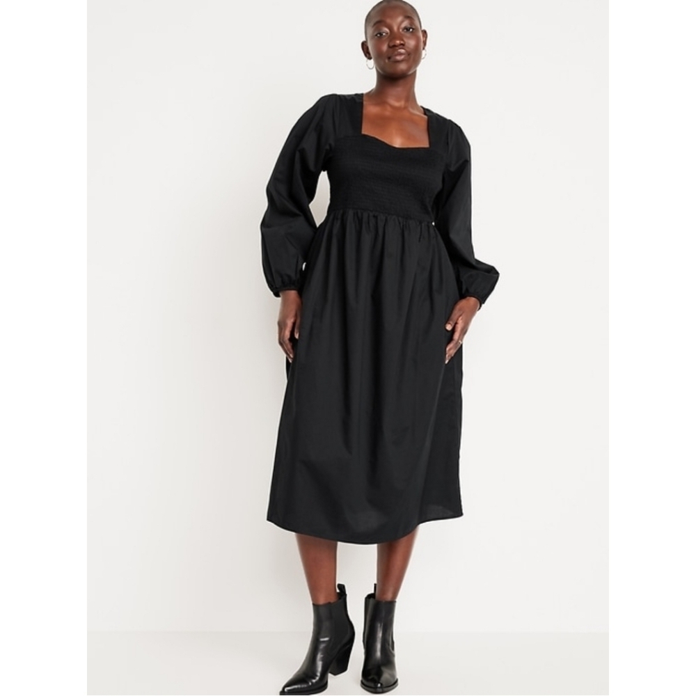 NWT Old Navy Black Smocked Long Sleeve Sweetheart Neckline Midi Dress Medium